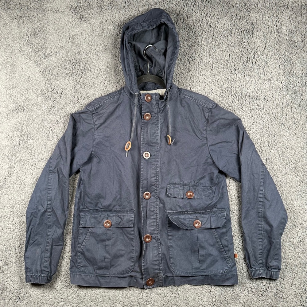 Farah Vintage Mens Hooded Utility Jacket Navy Blue Cotton Full Zip Small